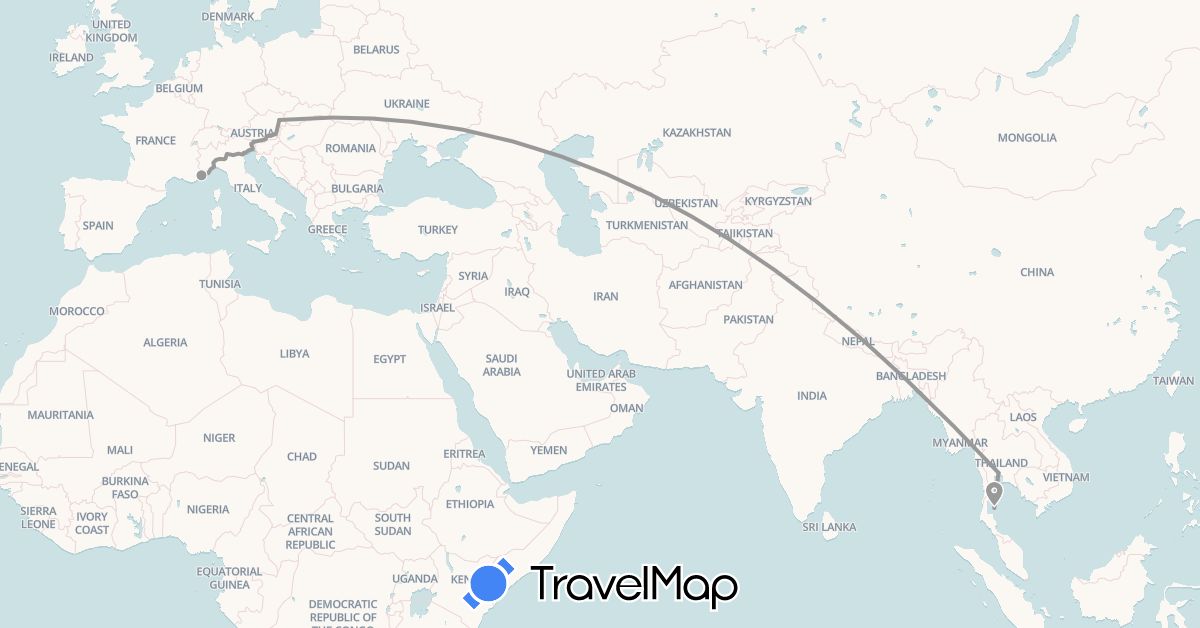 TravelMap itinerary: driving, plane in Austria, Thailand (Asia, Europe)